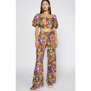 Current Air Odette Crop Top Puff Sleeves Pants Co-Ord Set Floral Small Backless